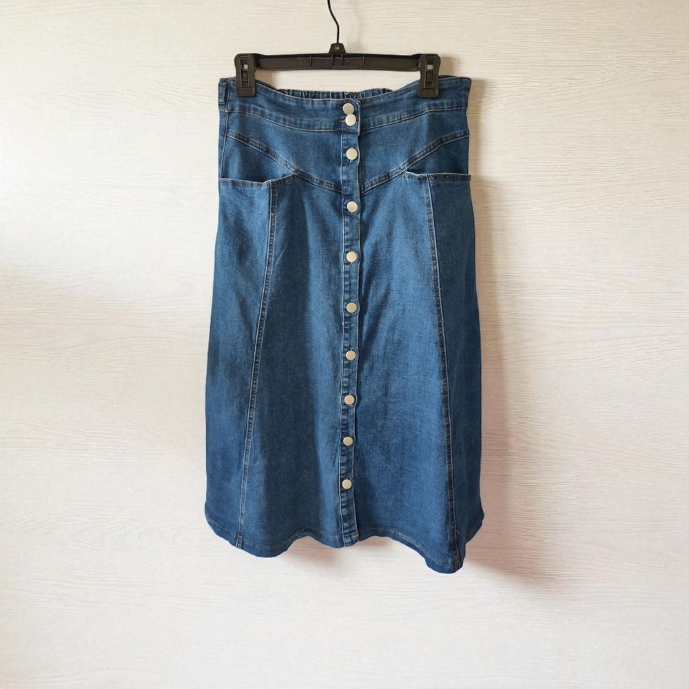 Allegra K Blue Denim A-Line Skirt with Button Detail New